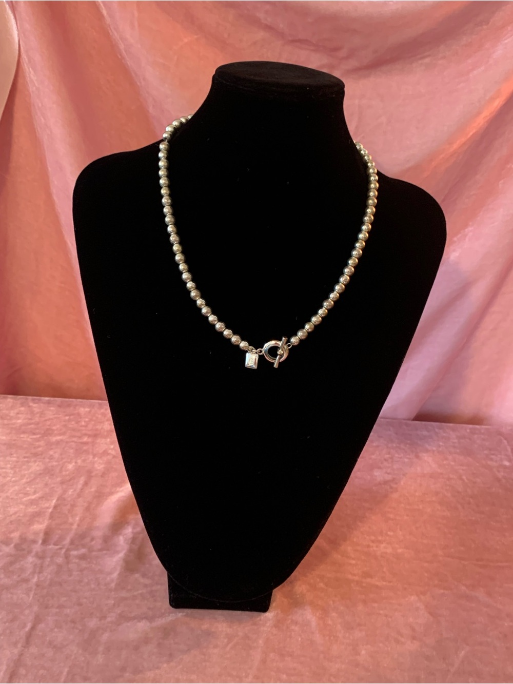 Ralph Lauren signed silver tone Bead Necklace with Silver tone Toggle